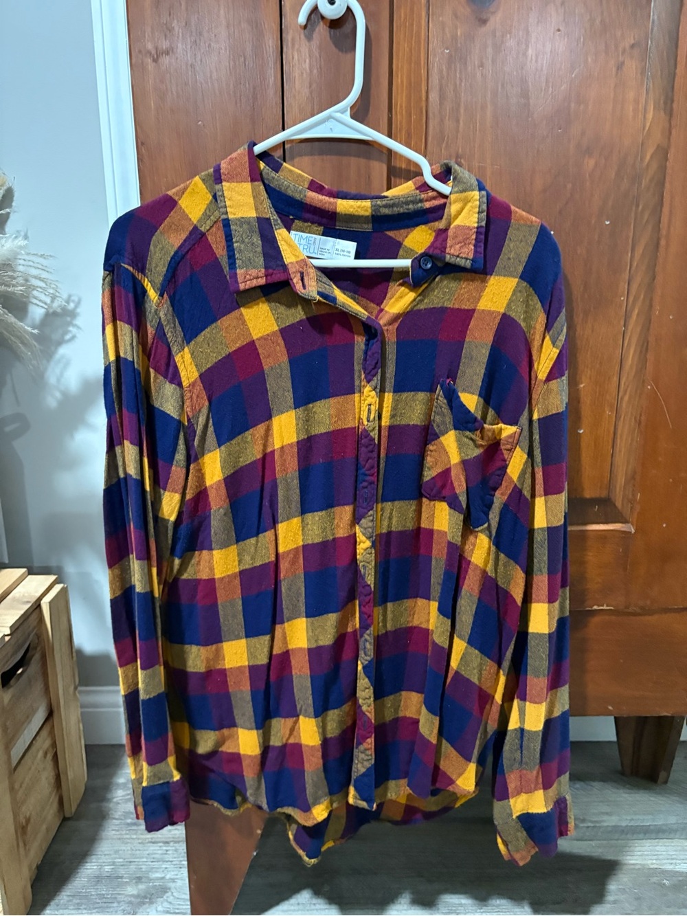 Time and Tru Plaid Button-Down Shirt in Yellow, Blue & Burgundy